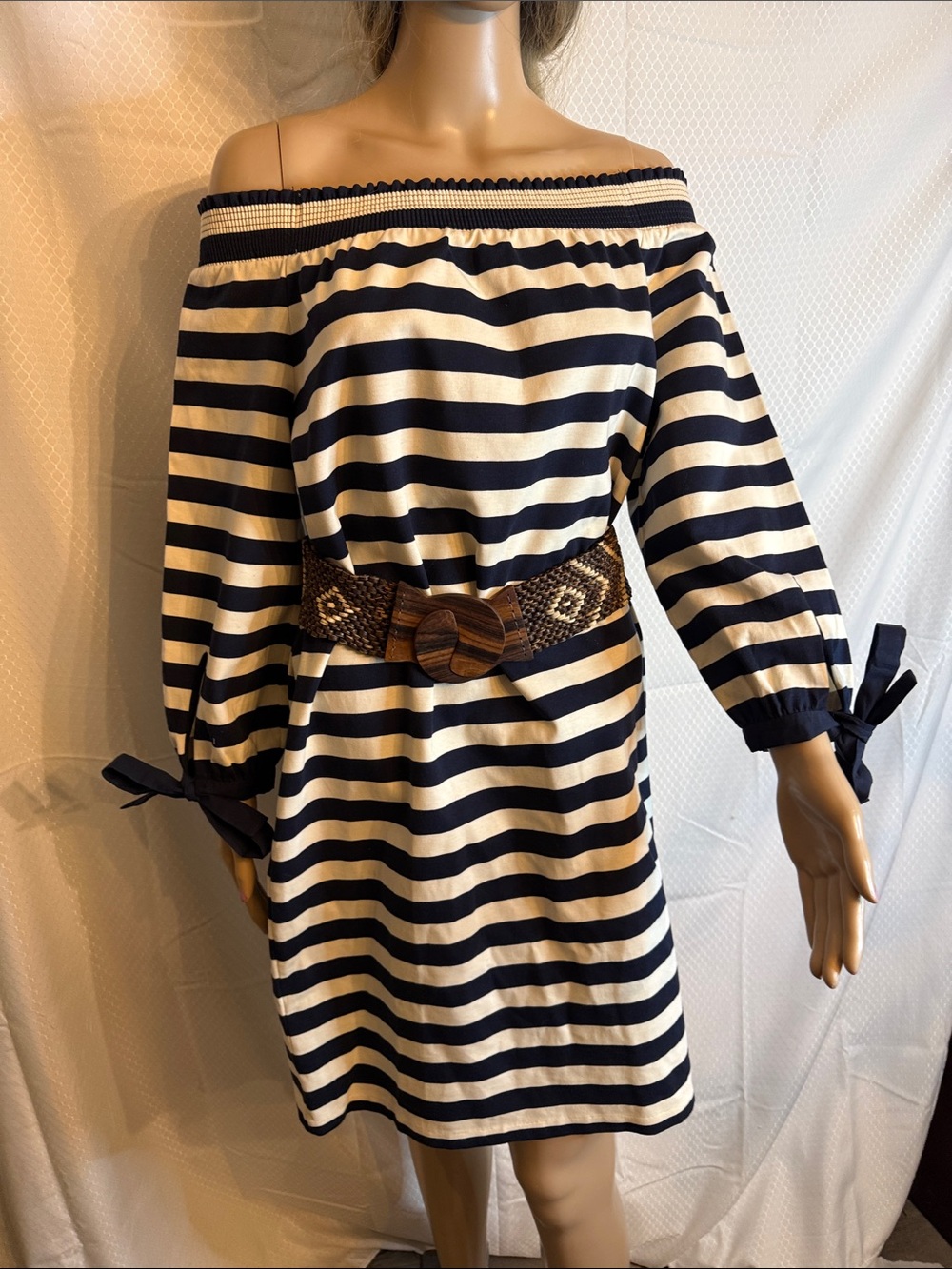 J.Crew, blue and white striped off the shoulder dress - Picture 8 of 9